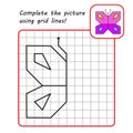 Educational game for kids. Simple exercise. Butterfly drawing using grid.